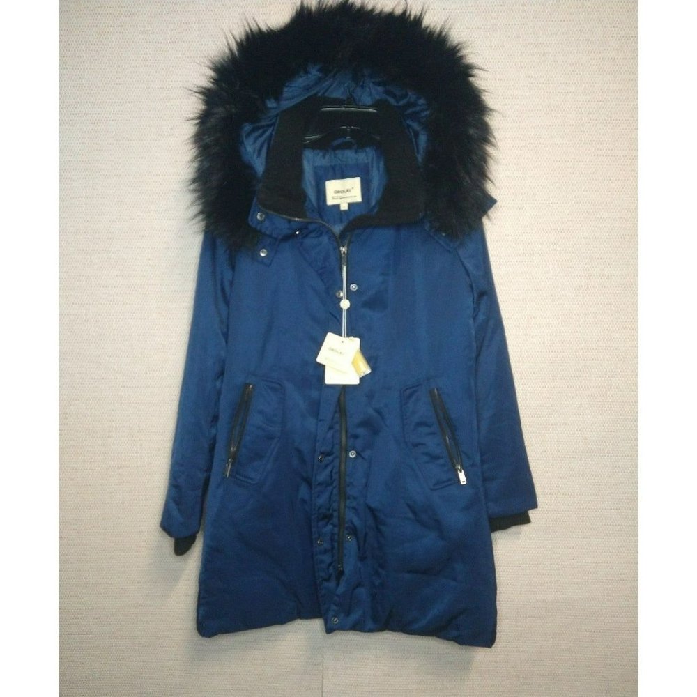 Navy Orolay Duck Down feathered Fur trim Jacket with large pockets size S